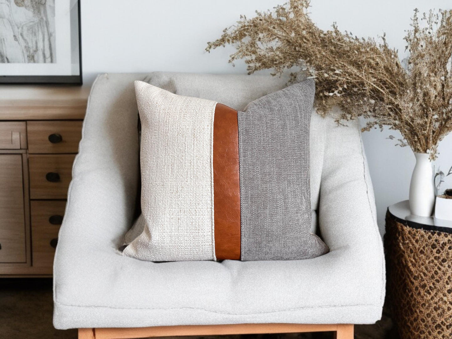 Cognac Faux Leather & Grey Woven Pillow Cover: Farmhouse Decorative Throw Cushions