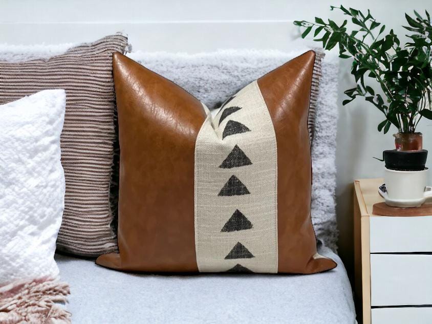 Faux Leather Pillow Cover: Neutral Home Decor,Farmhouse Accent Pillow
