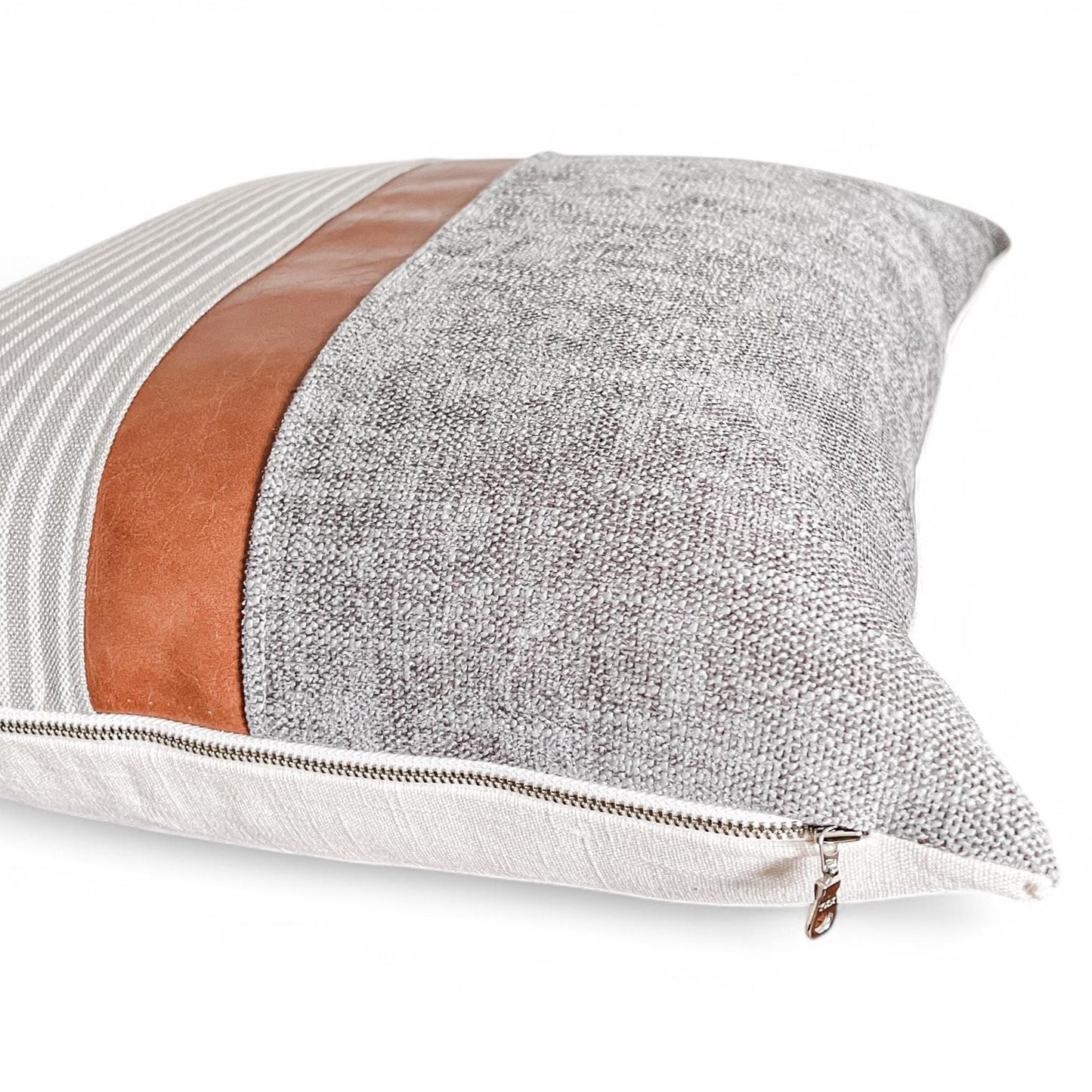 Grey and Cream Woven Stripe, Faux Leather Pillow Cover: Modern Farmhouse Cushion