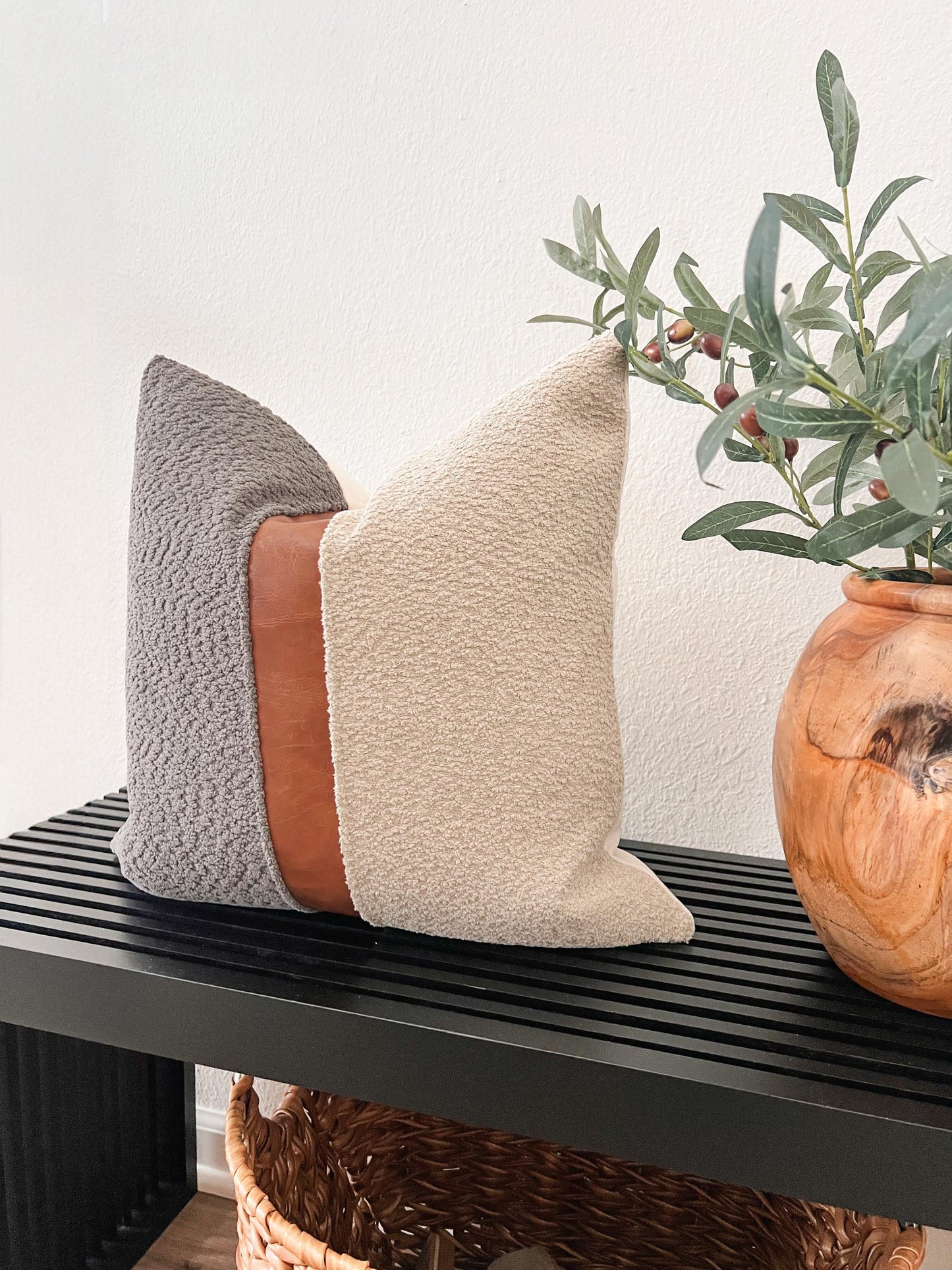 Cognac Faux Leather & Grey Woven Pillow Cover: Farmhouse Decorative Throw Cushions