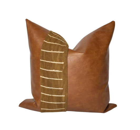 Handmade Cognac Leather & Mudcloth Pillow Cover: Mid-Century Home Decor, Accent