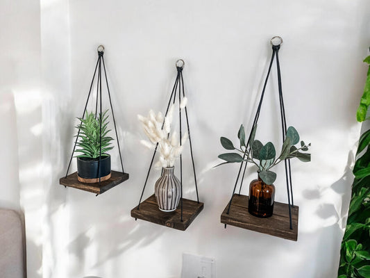 Wood Hanging Shelves Set of 3: Espresso Stain, Black Rope, Small Space