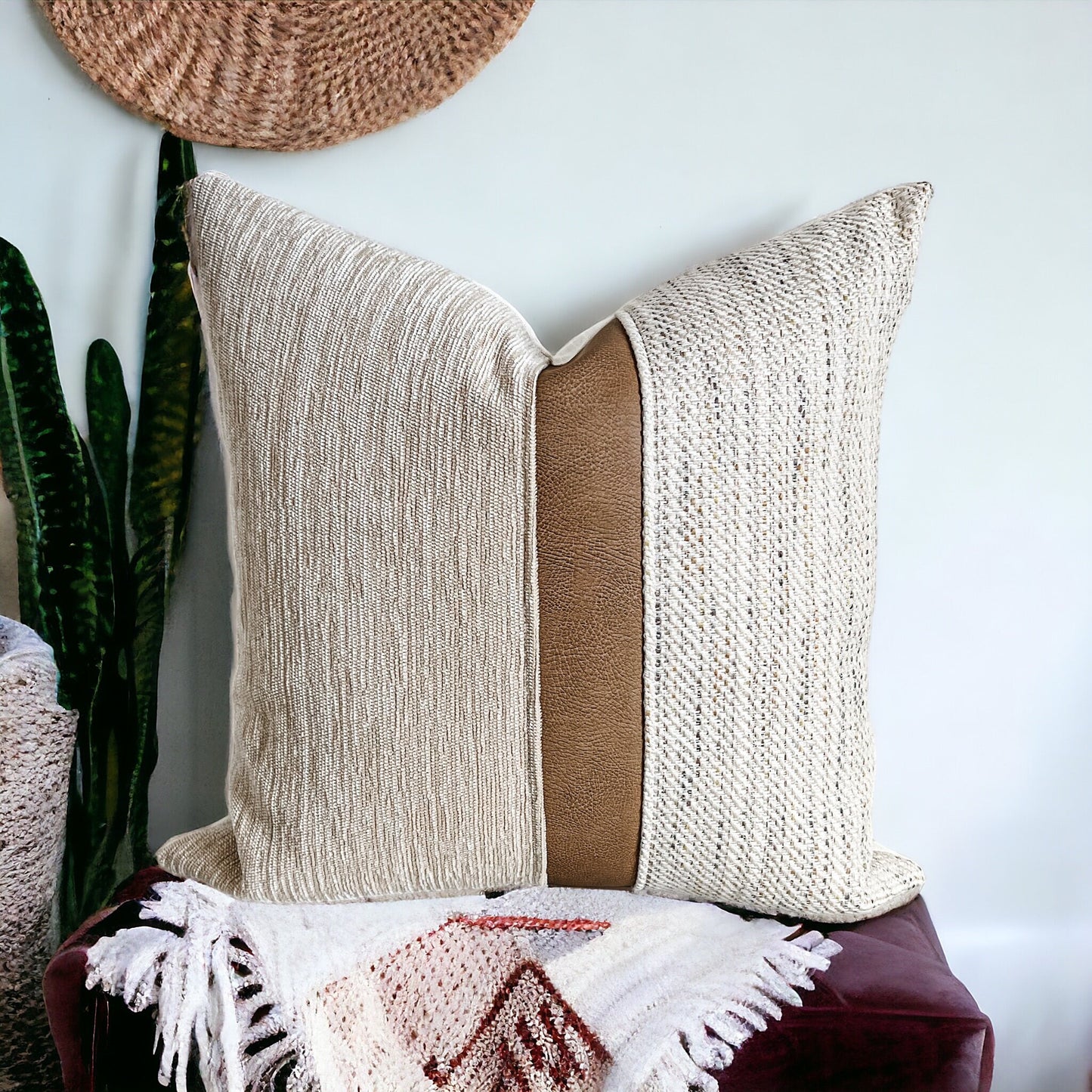 Textured Cream Pillow Cover with Cognac Stripe