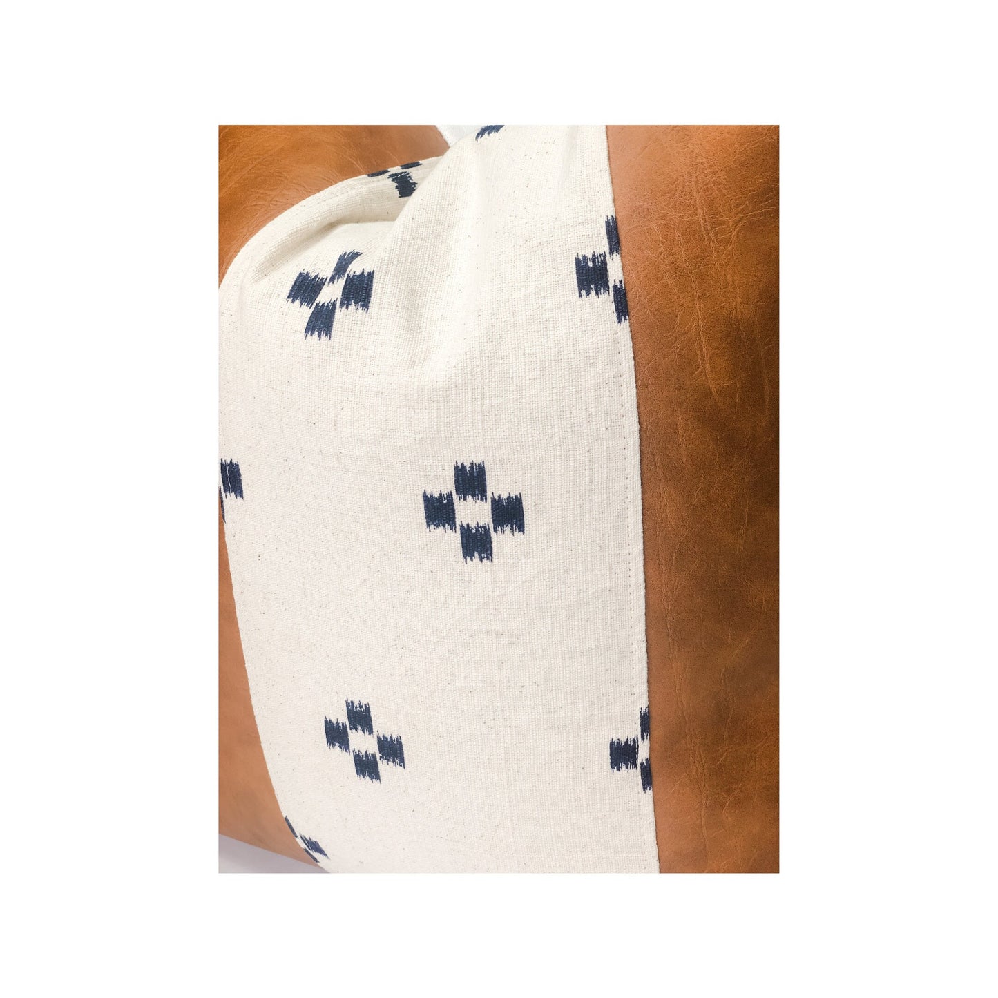 Cognac Faux Leather Pillow Cover: Cream & Blue Squares Accent, Mid-Century Modern Throw Pillow