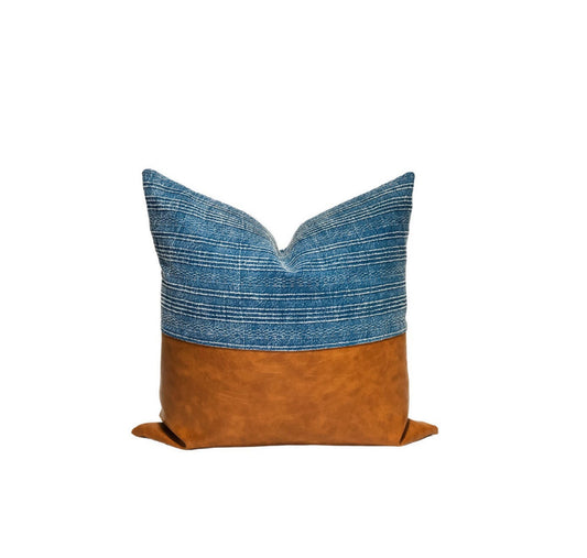 Blue Woven & Faux Leather Pillow Cover: Modern Farmhouse Throw Pillow Cushion