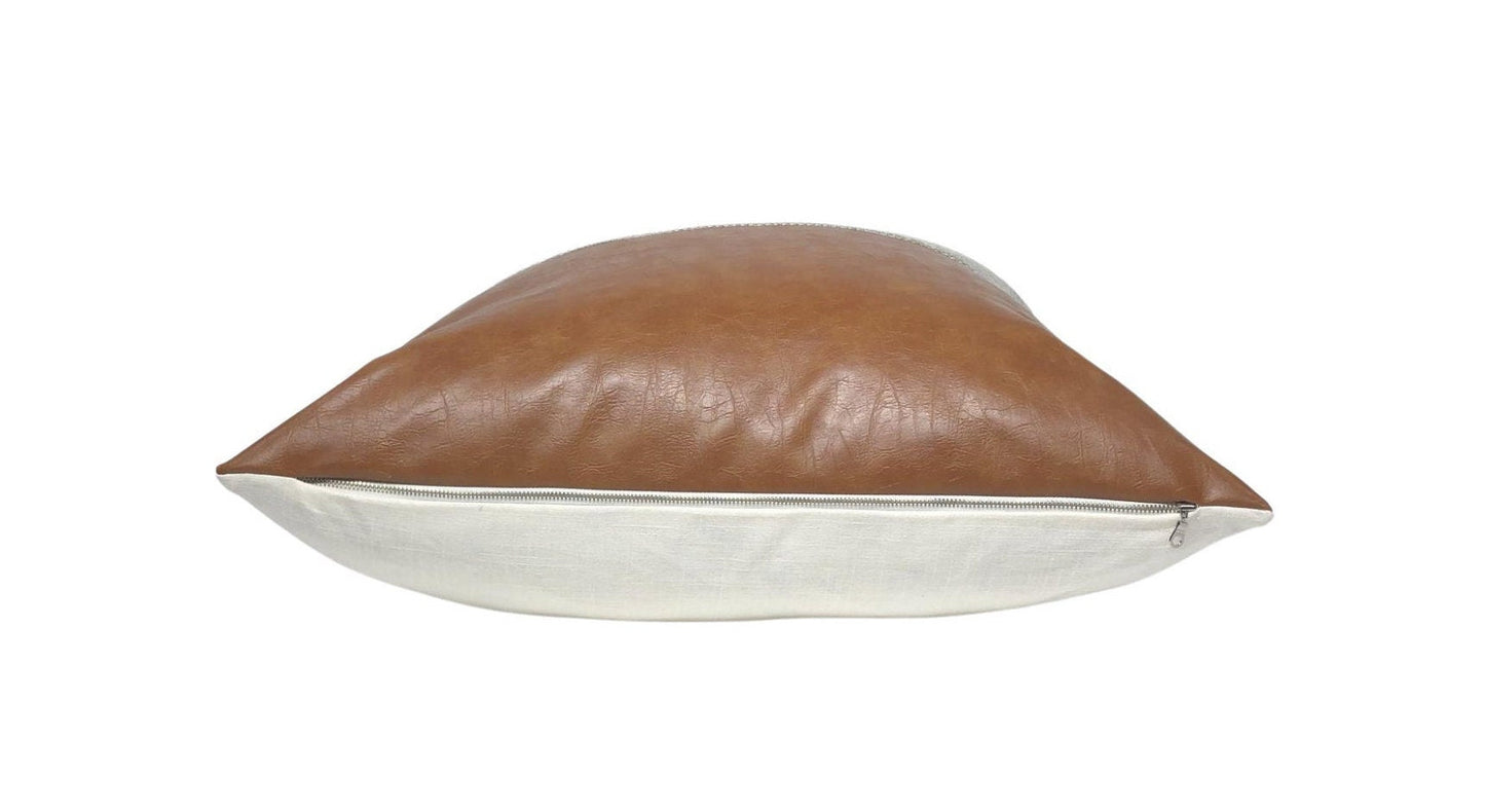Mid-Century Modern Pillow Cover: Grey Beige & Cognac Faux Leather, Throw Pillow