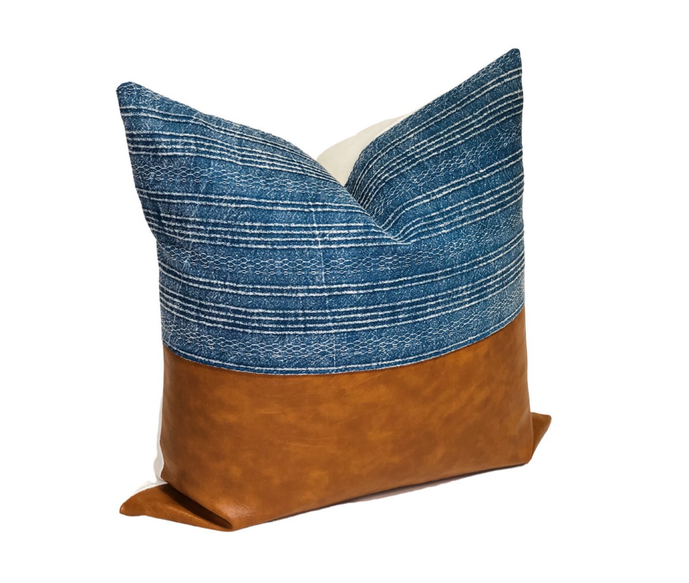 Blue Woven & Faux Leather Pillow Cover: Modern Farmhouse Throw Pillow Cushion