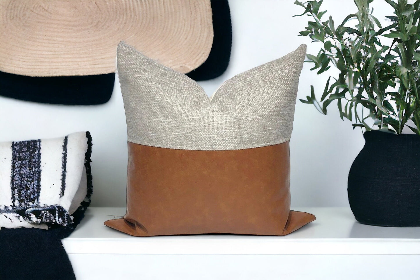 Mid-Century Modern Pillow Cover: Grey Beige & Cognac Faux Leather, Throw Pillow