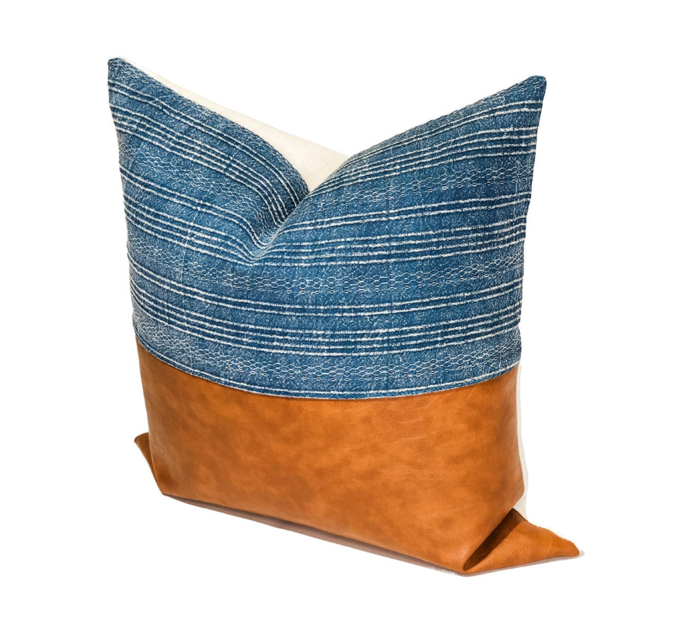 Blue Woven & Faux Leather Pillow Cover: Modern Farmhouse Throw Pillow Cushion