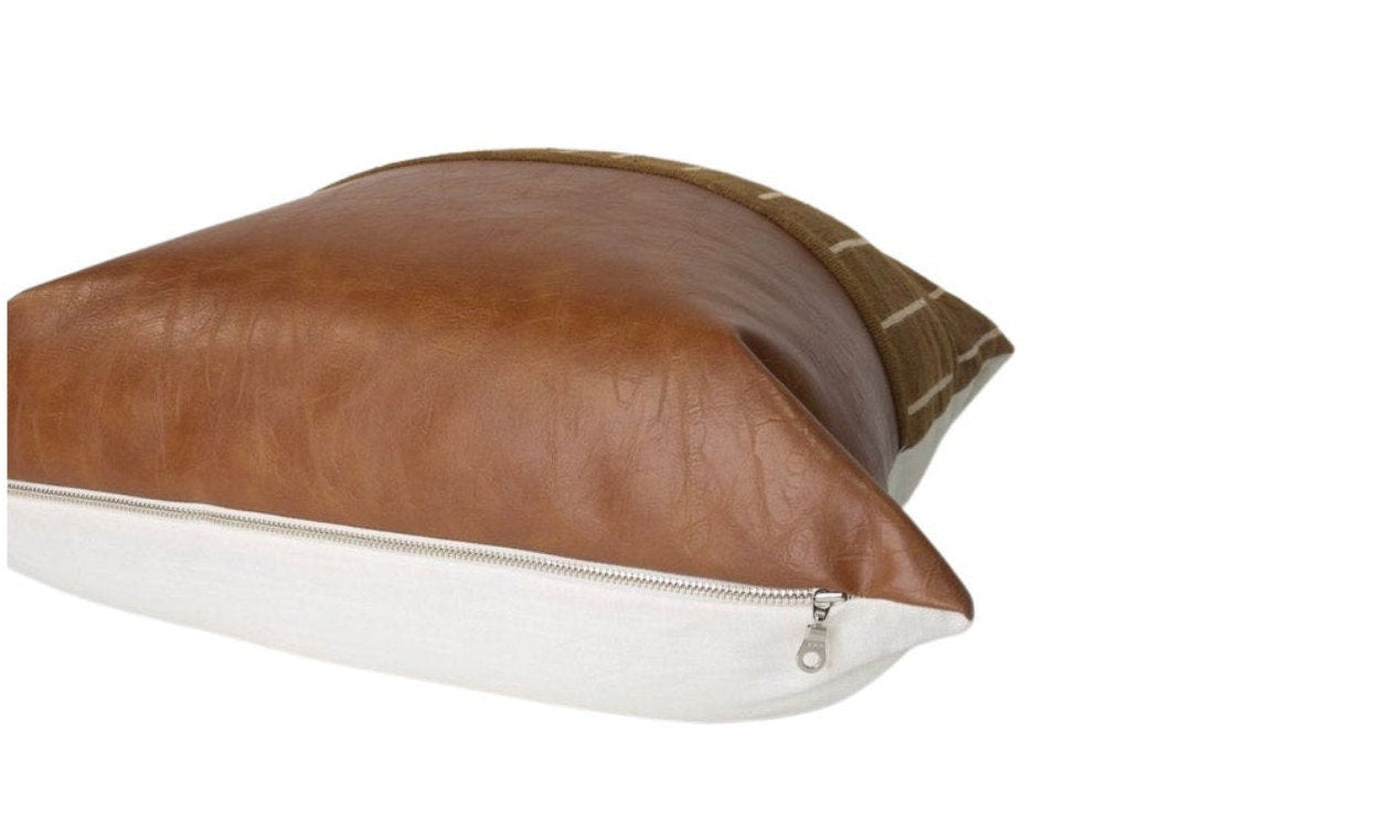 Mudcloth & Faux Leather Pillow Cover: Color Block Cushion Cover, Scandinavian Home Decor
