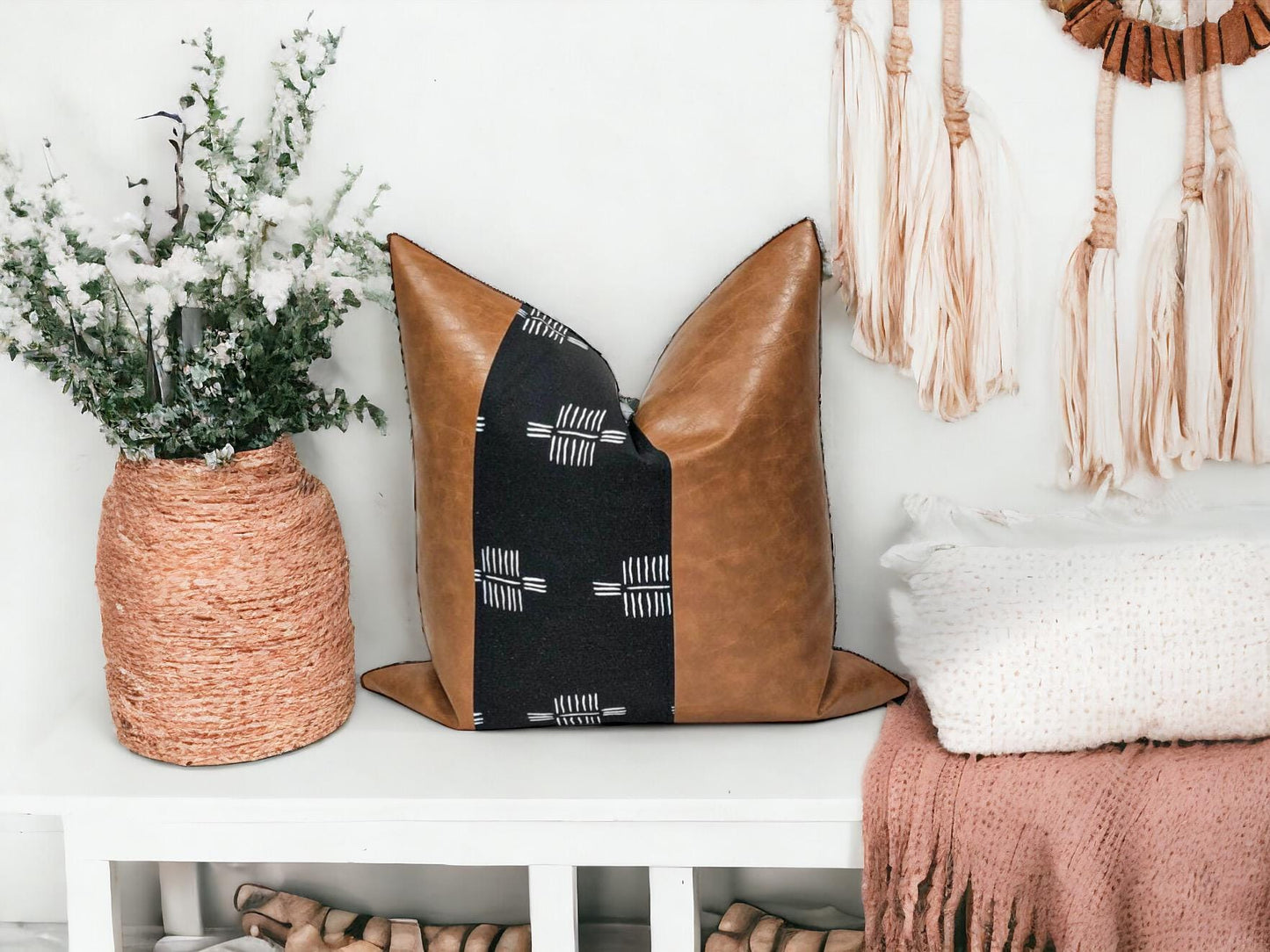 Handmade Faux Leather Pillow Cover: Color Block Accent, Rustic Farmhouse Throw Pillow