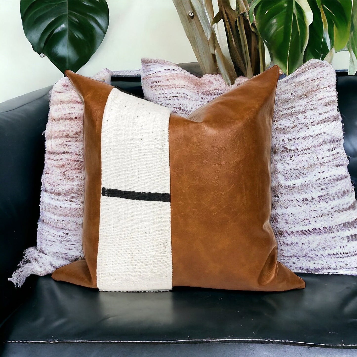 Faux Leather Mudcloth Pillow Cover: White &  Black Dash, Boho Throw Pillow