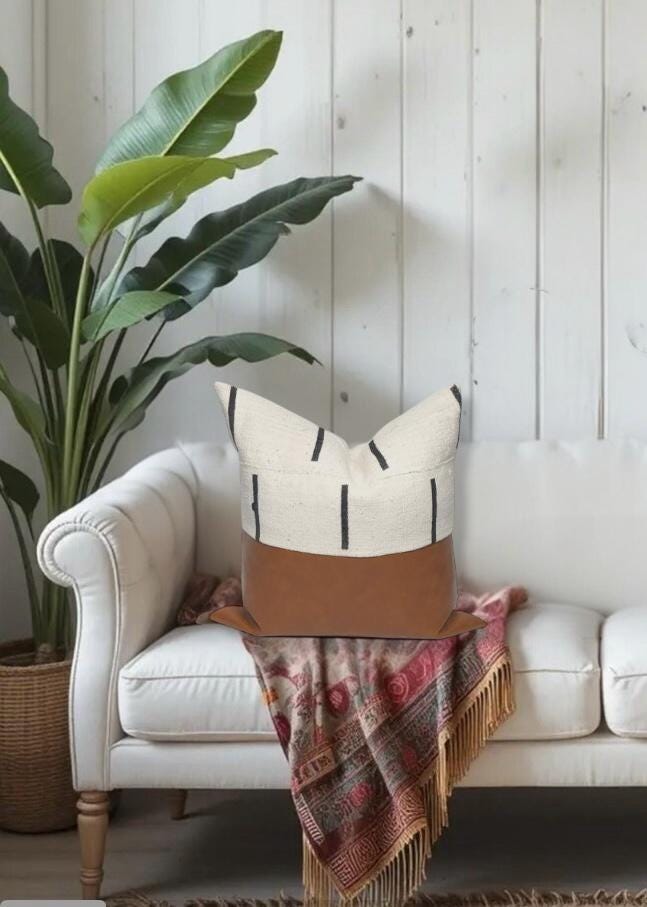 Mudcloth & Faux Leather Pillow Cover: Color Block Accent Pillow, Neutral Home Decor
