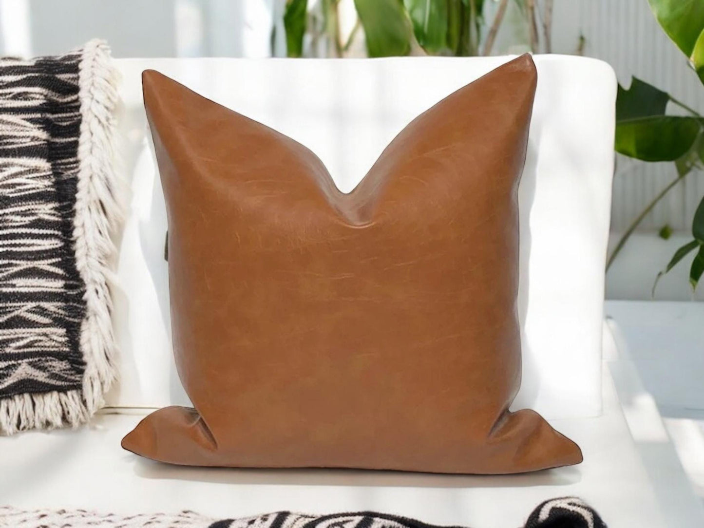 Cognac Faux Leather Pillow Cover: Rustic Modern Accent Cushion, Throw Pillow