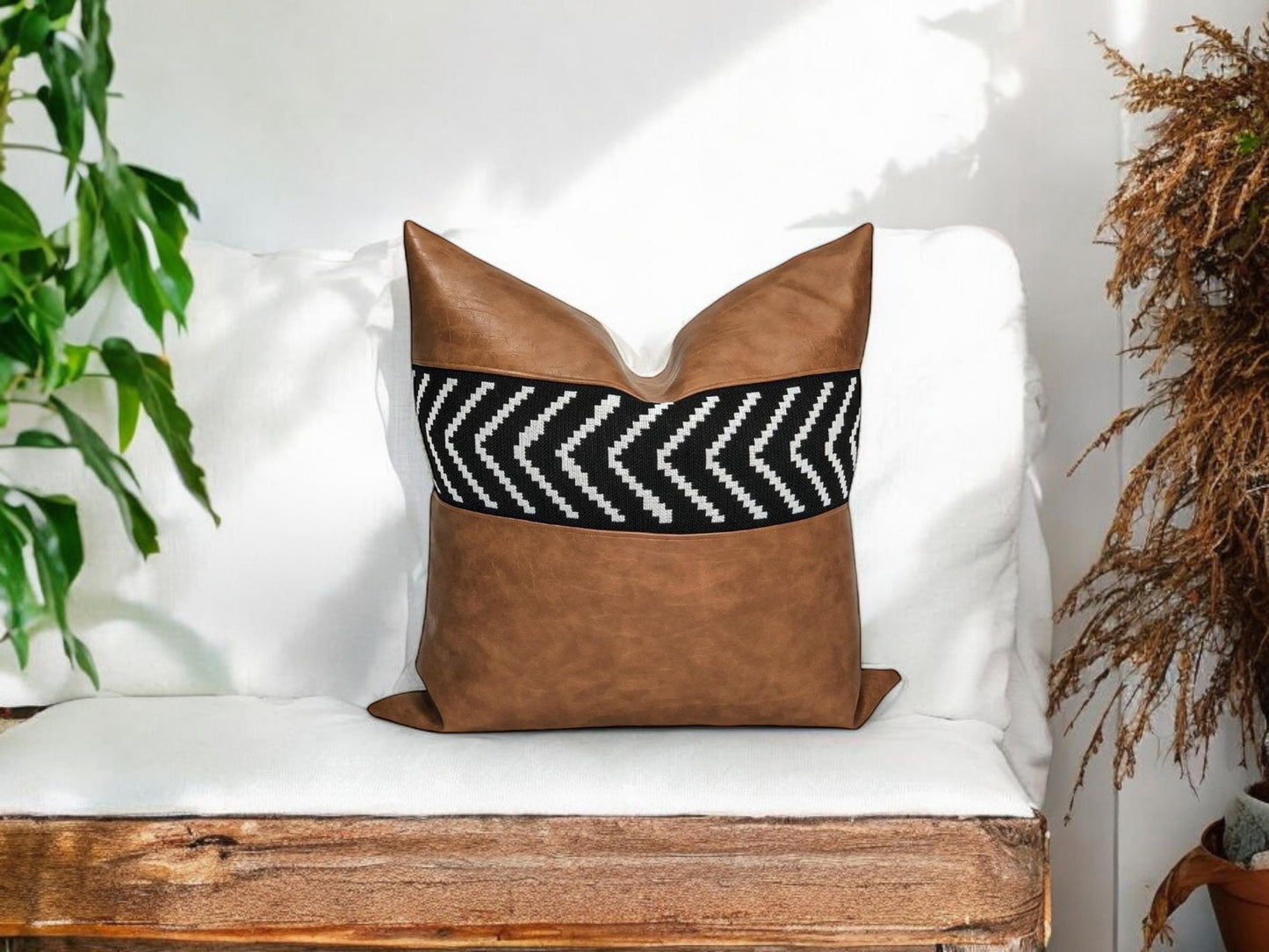 Cognac Faux Leather Pillow Cover: Black Arrow, Modern  Boho Throw Pillow