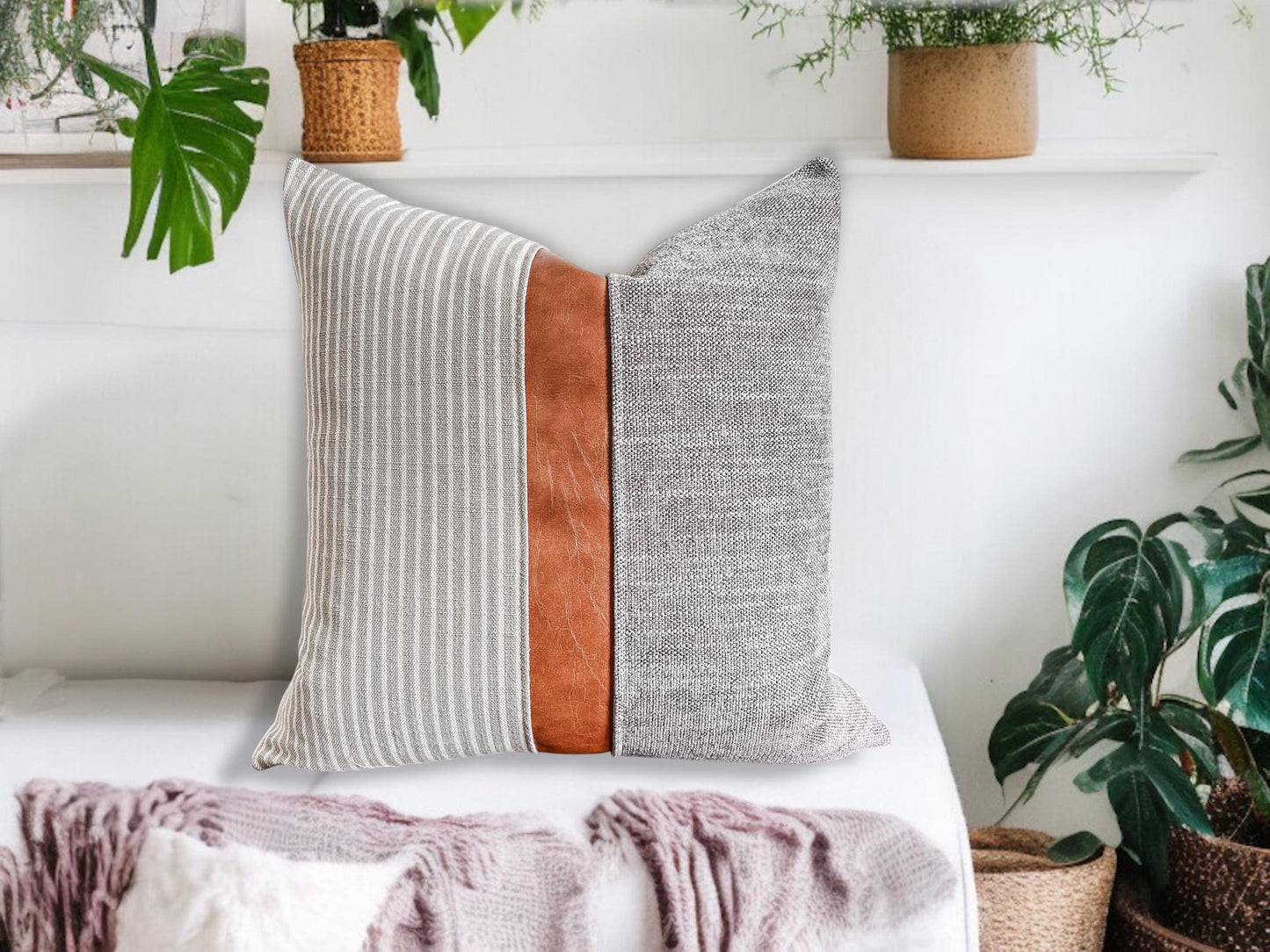 Grey and Cream Woven Stripe, Faux Leather Pillow Cover: Modern Farmhouse Cushion