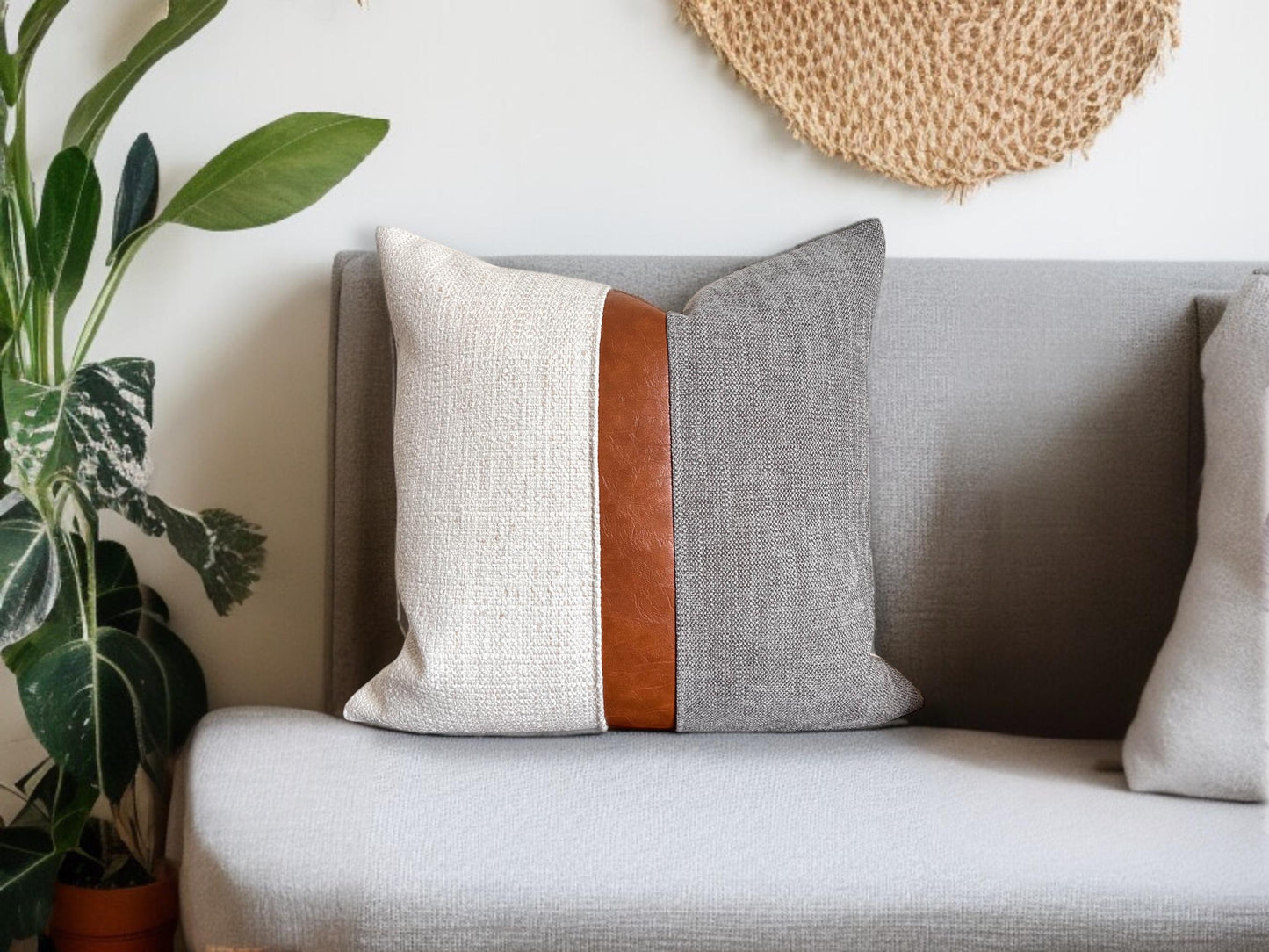 Cognac Faux Leather & Grey Woven Pillow Cover: Farmhouse Decorative Throw Cushions