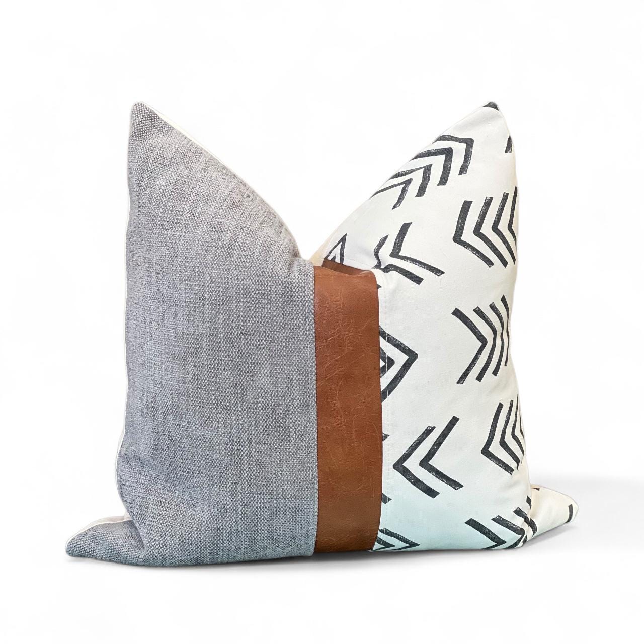 Grey & Cognac Faux Leather Pillow Cover- Neutral Boho Throw Pillow for Sofa or Bed