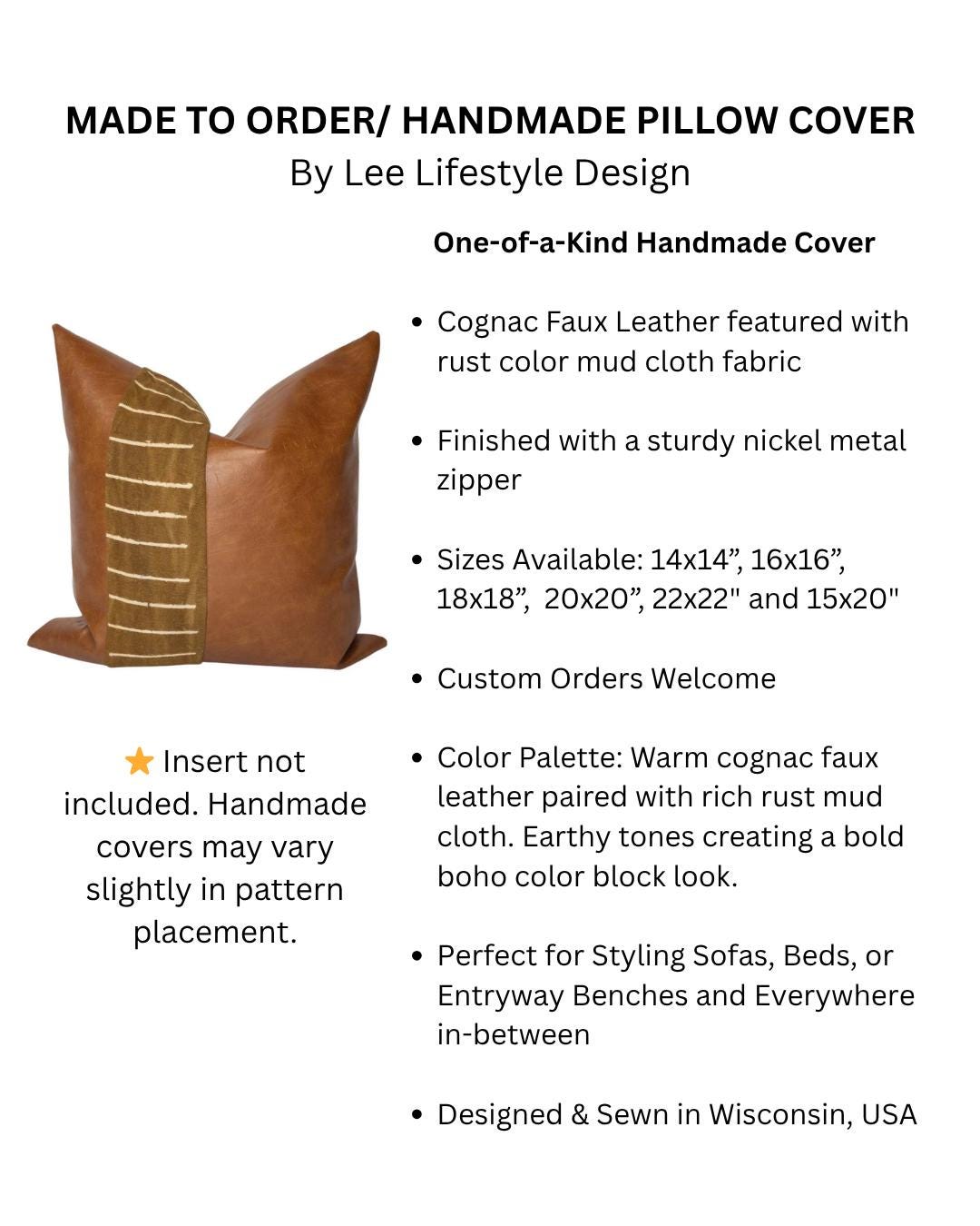Handmade Cognac Leather & Mudcloth Pillow Cover: Mid-Century Home Decor, Accent