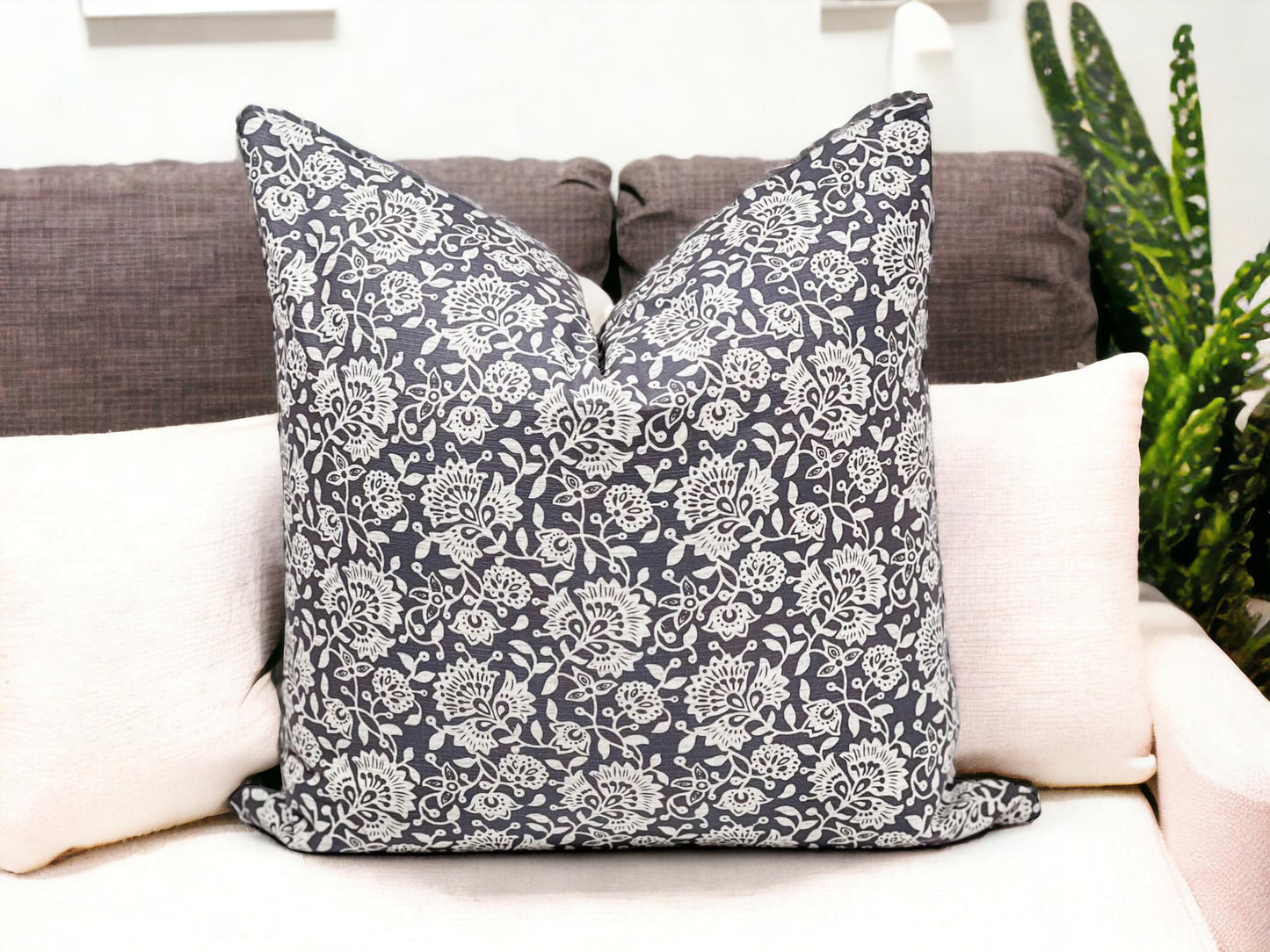 Grey Floral Pillow Cover: Modern Boho Throw Pillow, Decorative Sofa Cushion