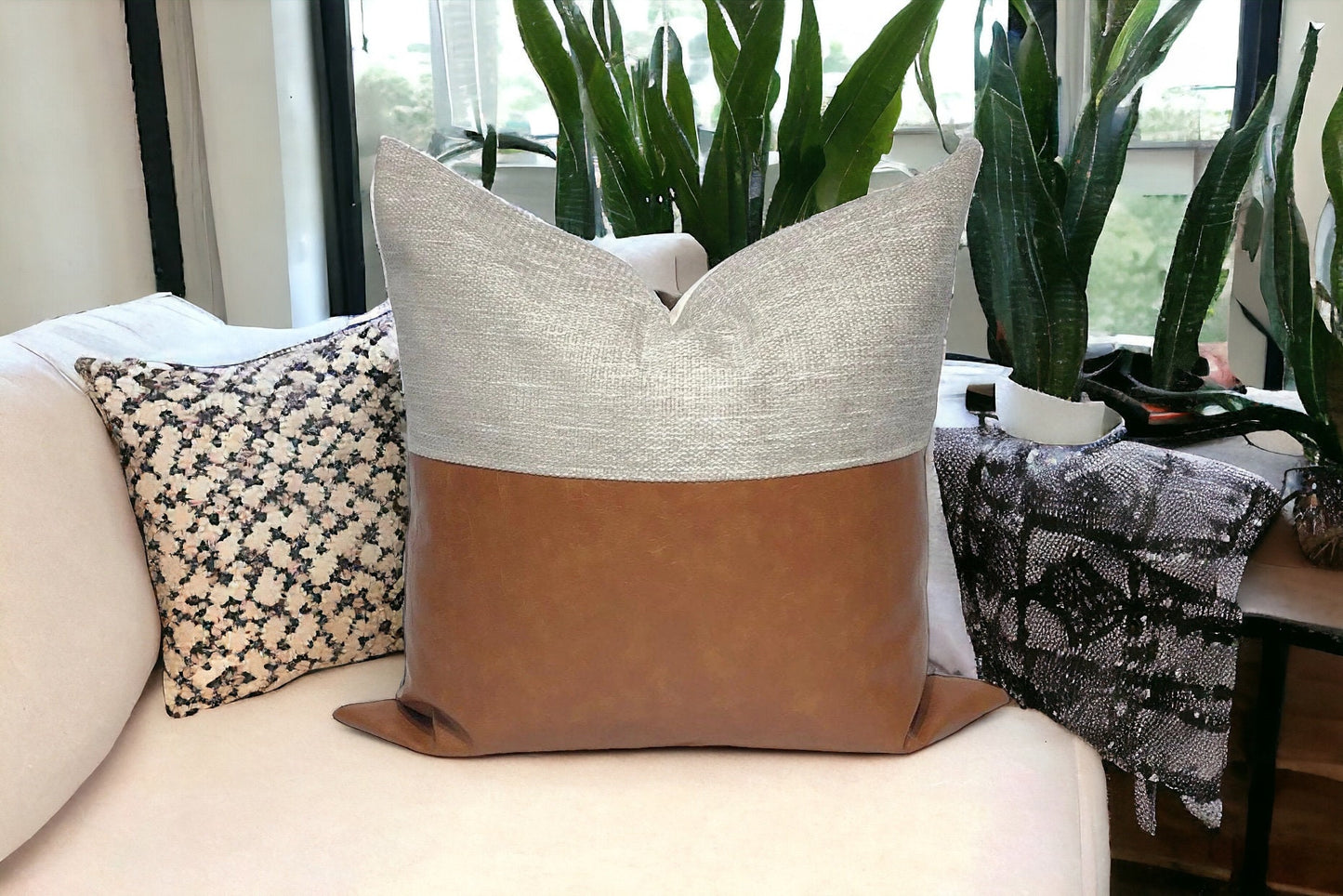 Mid-Century Modern Pillow Cover: Grey Beige & Cognac Faux Leather, Throw Pillow