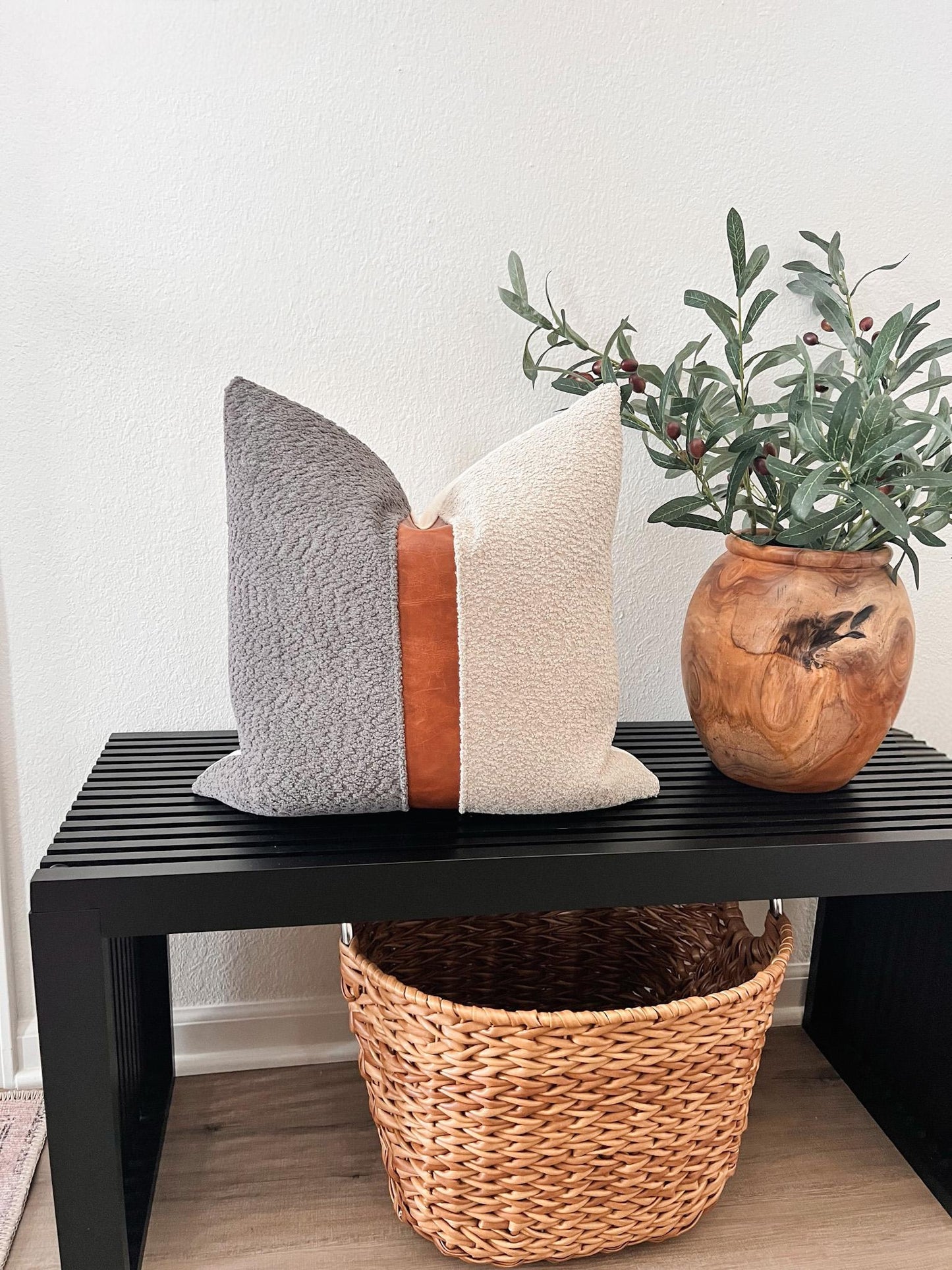 Cognac Faux Leather & Grey Woven Pillow Cover: Farmhouse Decorative Throw Cushions