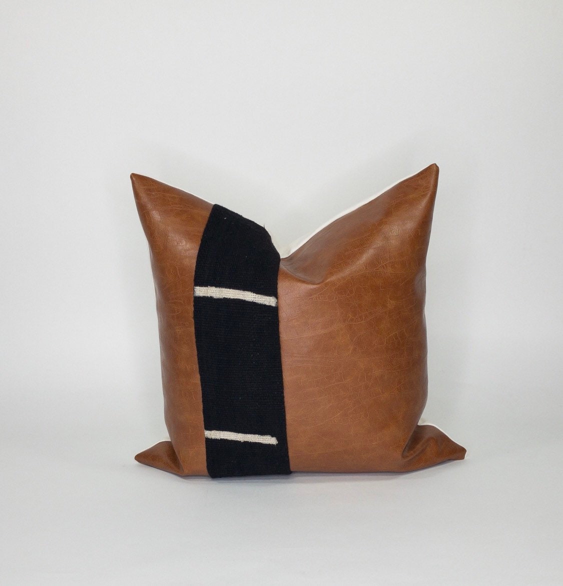 Mudcloth & Faux Leather Pillow Cover: Minimalist Cushion, Mid Century Modern Decor