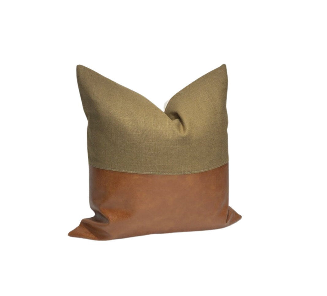 Cognac & Olive Green Faux Leather Pillow Cover: Contemporary Throw Pillow For Living Room