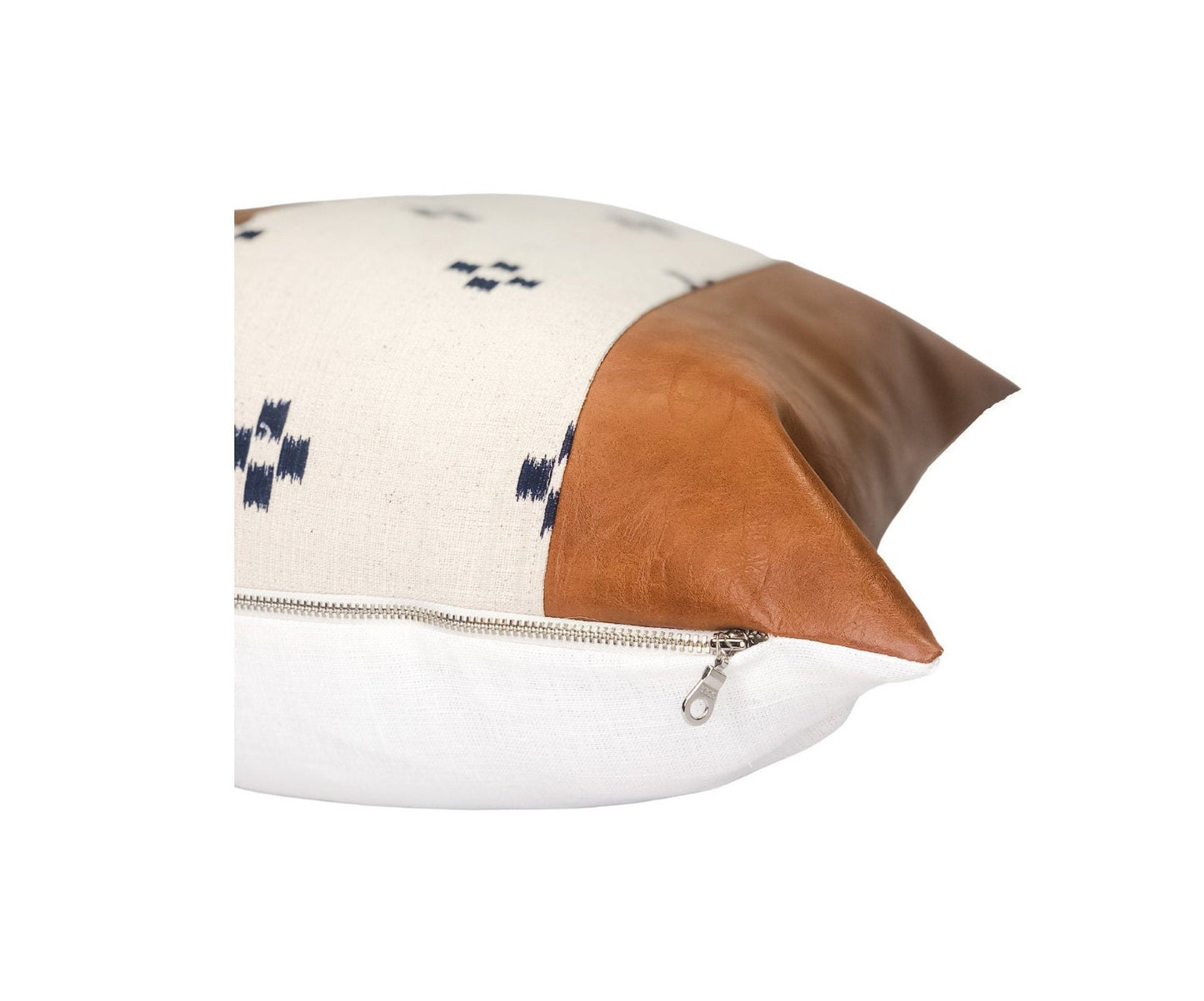 Cognac Faux Leather Pillow Cover: Cream & Blue Squares Accent, Mid-Century Modern Throw Pillow