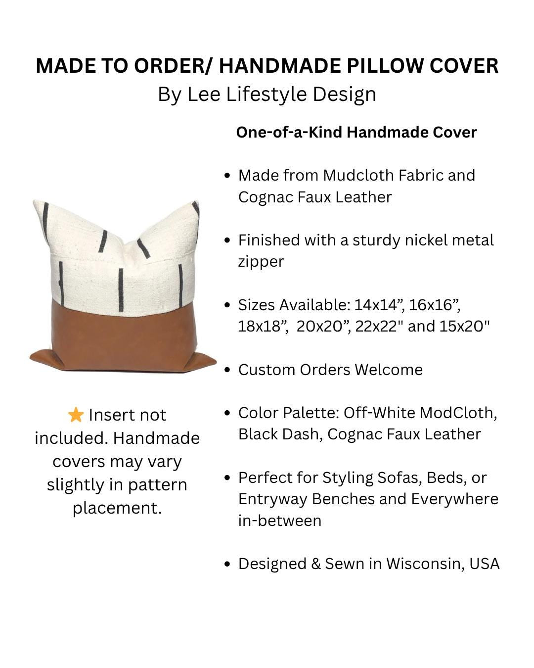 Mudcloth & Faux Leather Pillow Cover: Color Block Accent Pillow, Neutral Home Decor