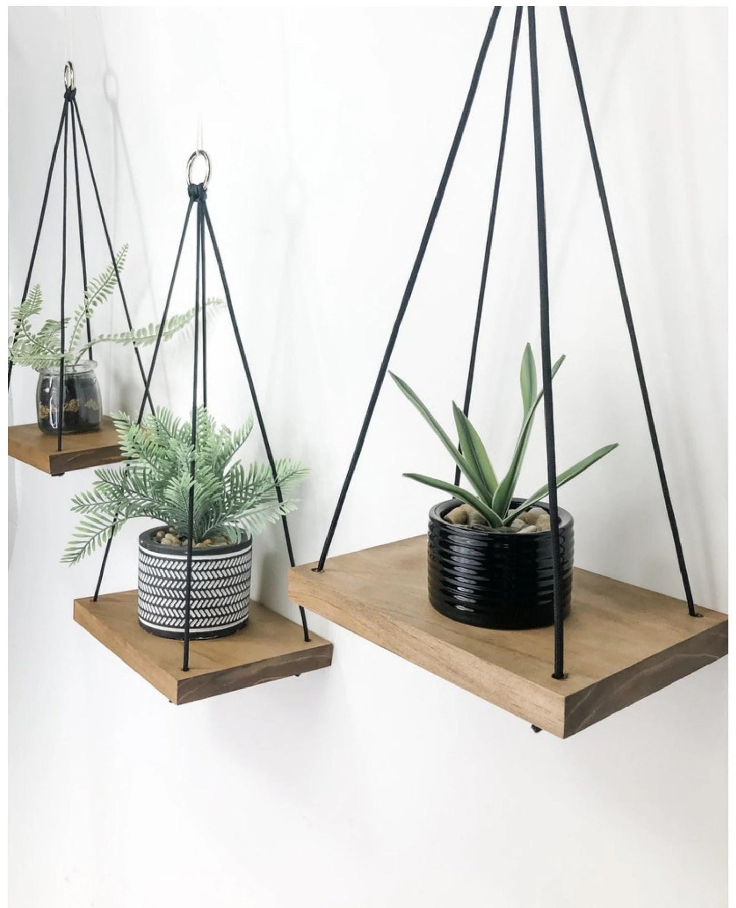 Boho Wood Hanging Shelves Set of 3: Handmade Plant Display, Small Space Decor