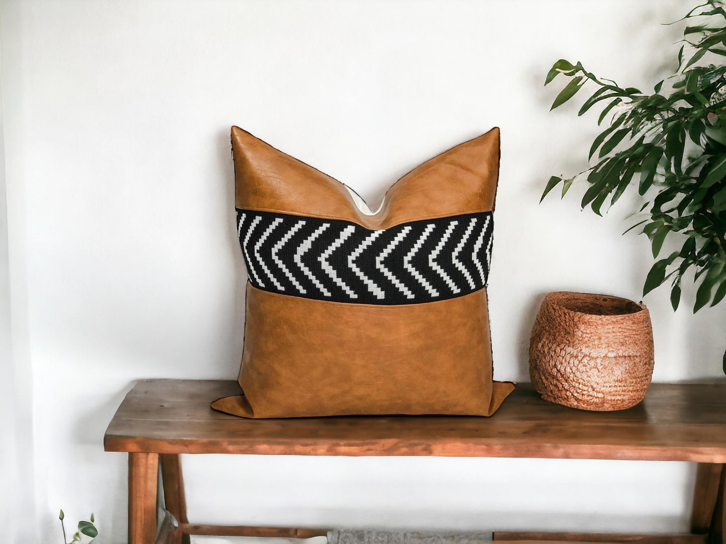 Cognac Faux Leather Pillow Cover: Black Arrow, Modern  Boho Throw Pillow