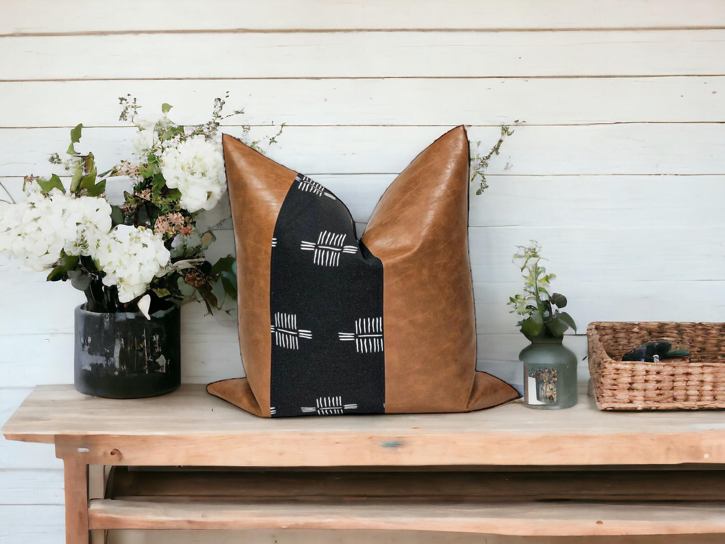 Handmade Faux Leather Pillow Cover: Color Block Accent, Rustic Farmhouse Throw Pillow