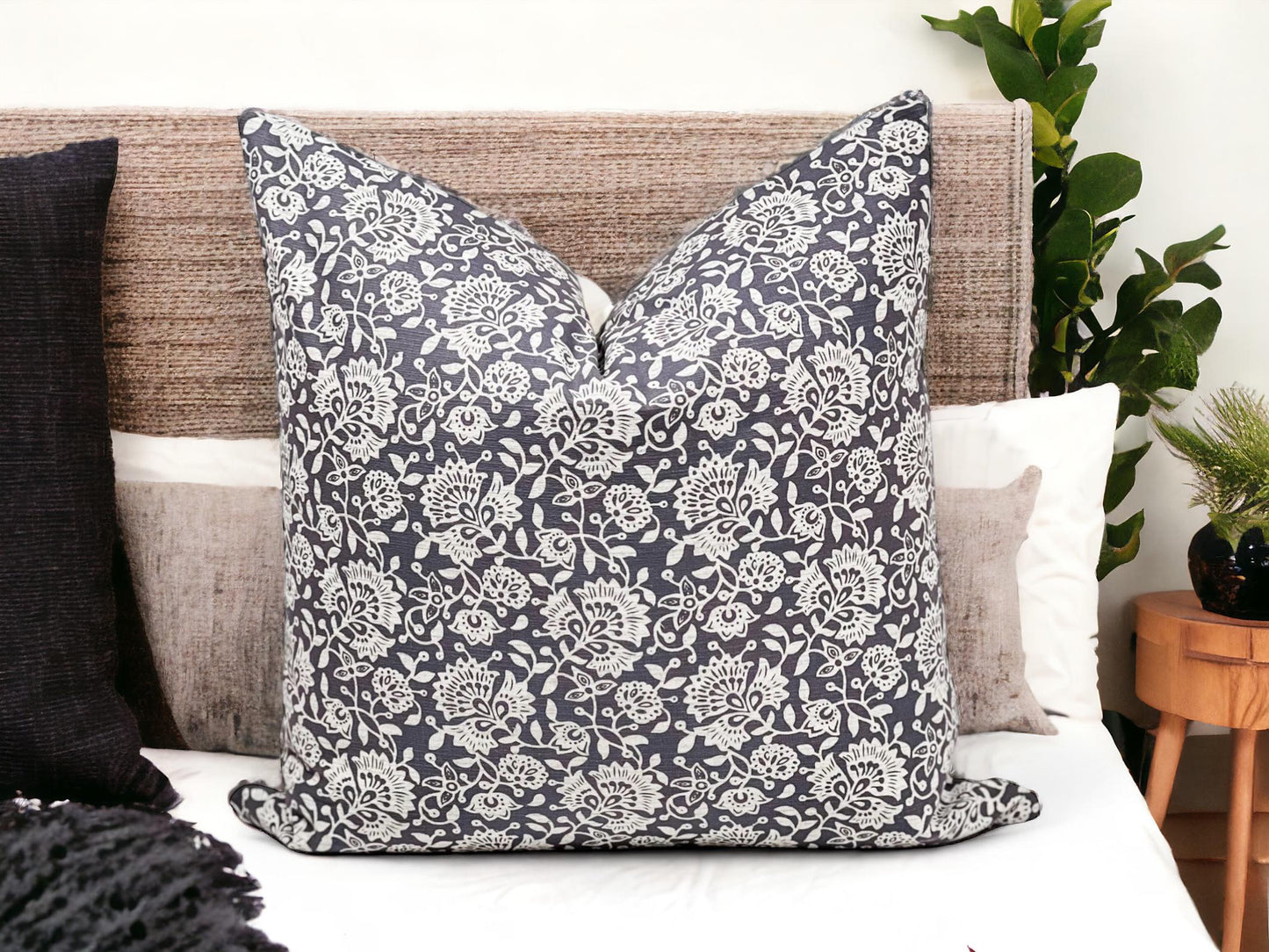 Grey Floral Pillow Cover: Modern Boho Throw Pillow, Decorative Sofa Cushion