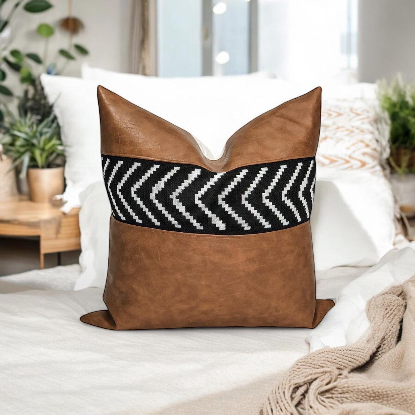 Cognac Faux Leather Pillow Cover: Black Arrow, Modern  Boho Throw Pillow