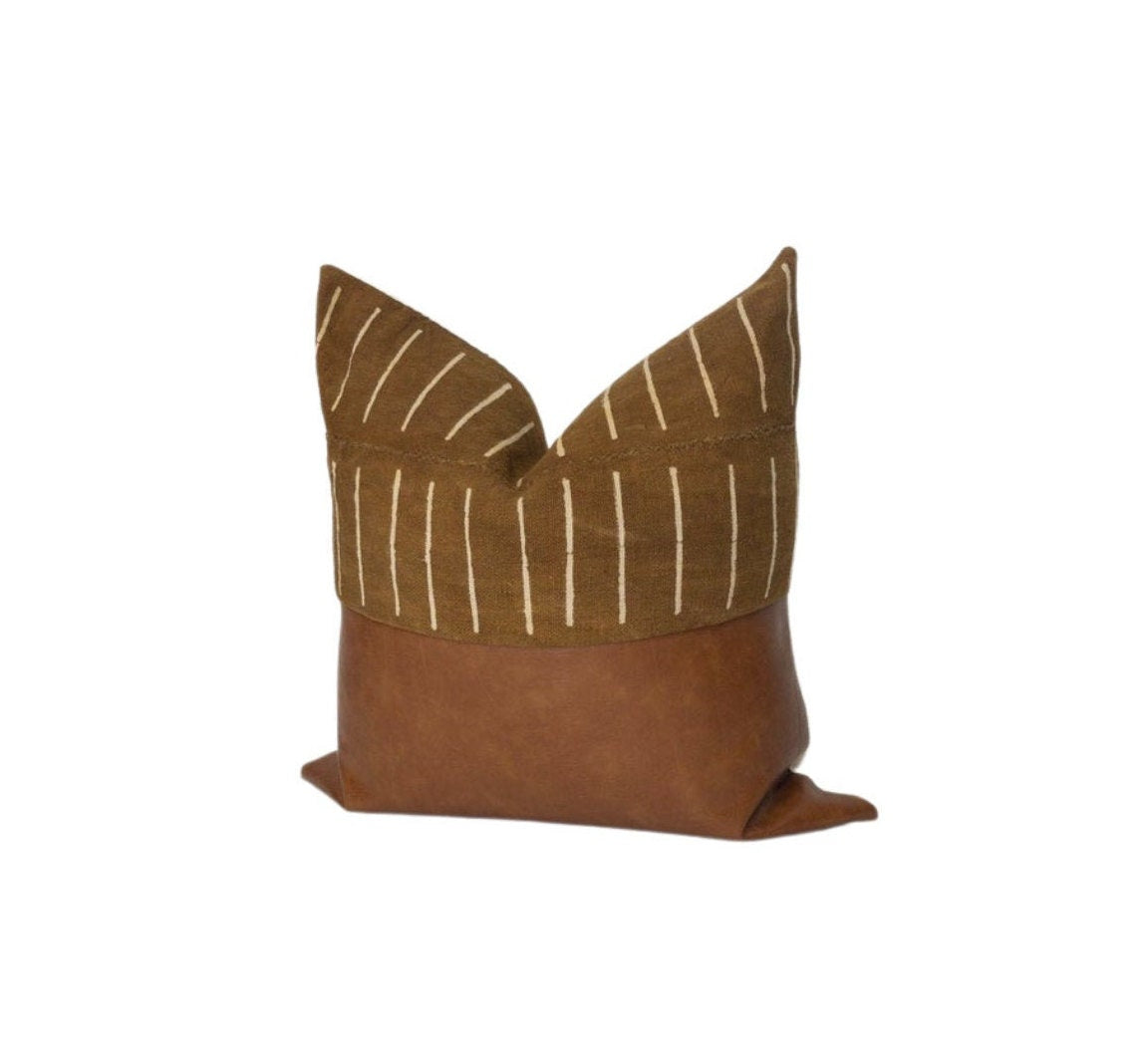 Mudcloth & Faux Leather Pillow Cover: Color Block Cushion Cover, Scandinavian Home Decor