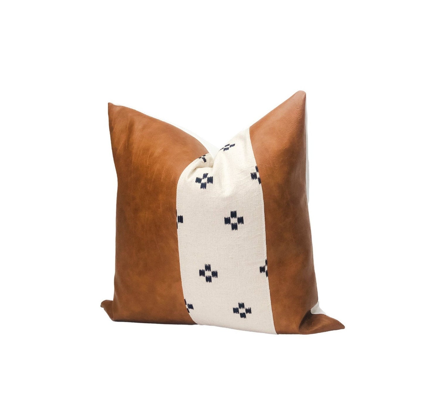 Cognac Faux Leather Pillow Cover: Cream & Blue Squares Accent, Mid-Century Modern Throw Pillow