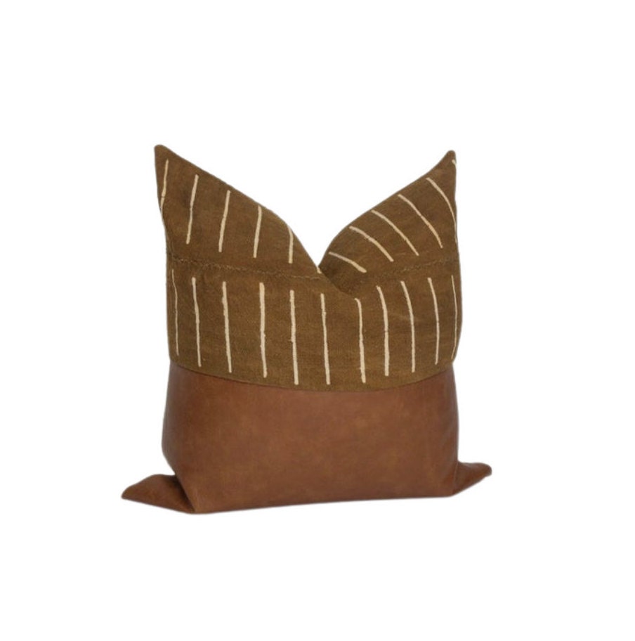 Mudcloth & Faux Leather Pillow Cover: Color Block Cushion Cover, Scandinavian Home Decor