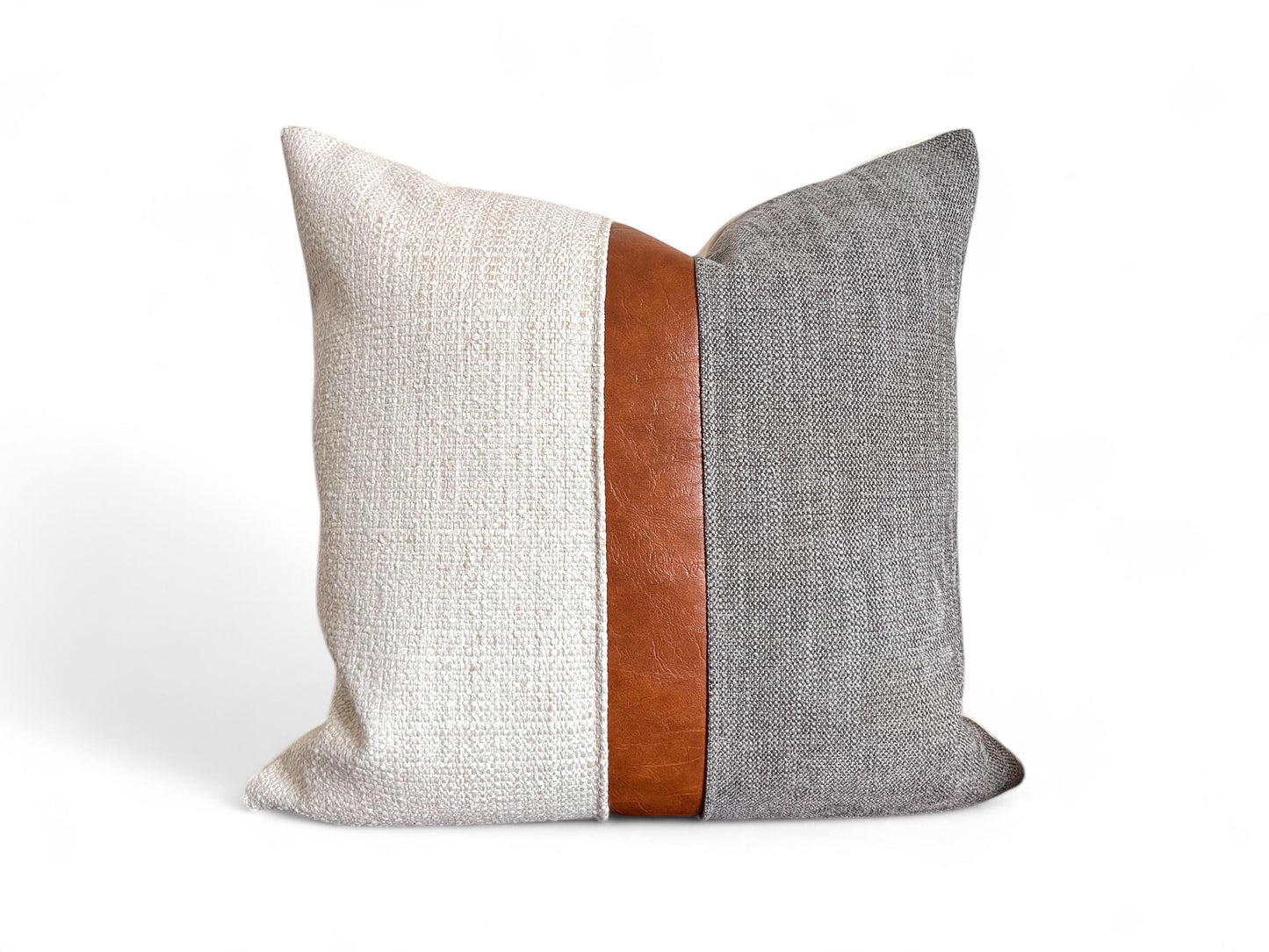 Cognac Faux Leather & Grey Woven Pillow Cover: Farmhouse Decorative Throw Cushions