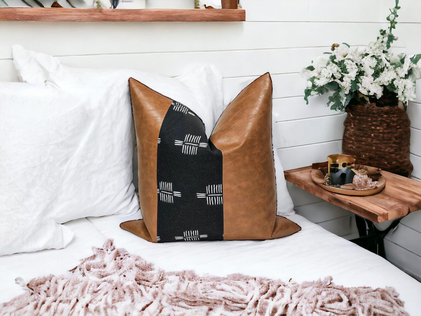 Handmade Faux Leather Pillow Cover: Color Block Accent, Rustic Farmhouse Throw Pillow
