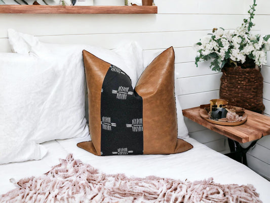 Handmade Faux Leather Pillow Cover: Color Block Accent, Rustic Farmhouse Throw Pillow
