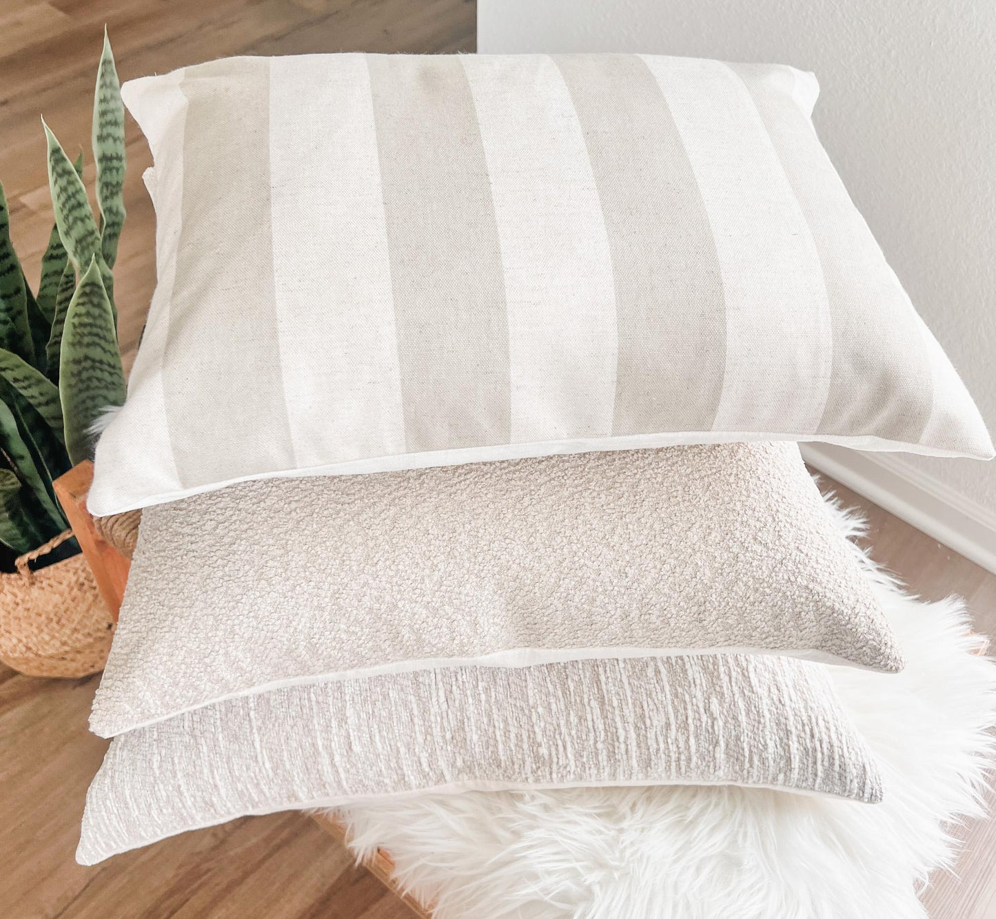 Handmade Beige & Cream Striped Pillow Cover Set: Modern Farmhouse Decor