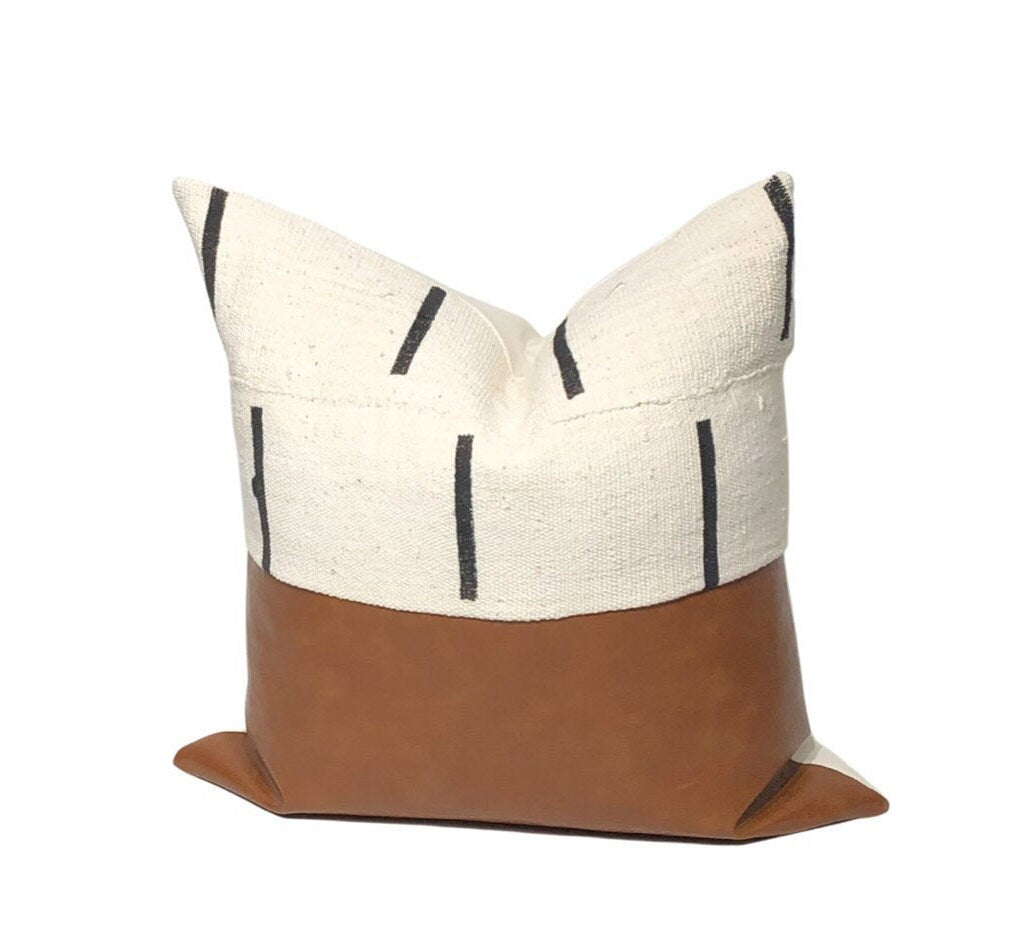 Mudcloth & Faux Leather Pillow Cover: Color Block Accent Pillow, Neutral Home Decor