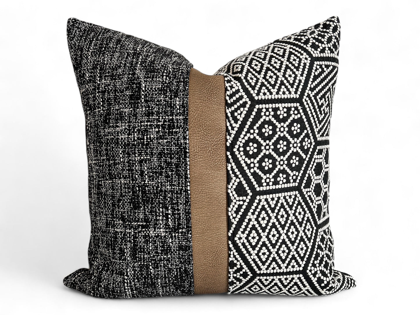 Black Woven Fabric with Tan Faux Leather Pillow Cover: Farmhouse Throw Pillow
