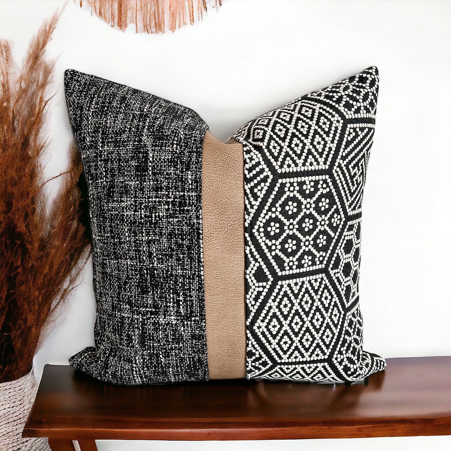Black Woven Fabric with Tan Faux Leather Pillow Cover: Farmhouse Throw Pillow