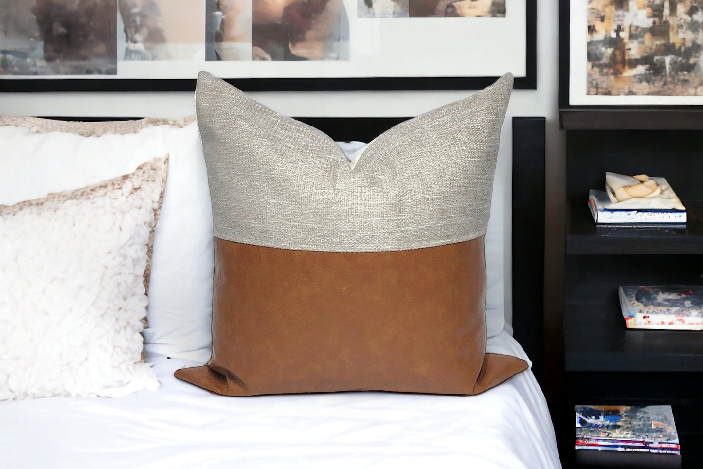 Mid-Century Modern Pillow Cover: Grey Beige & Cognac Faux Leather, Throw Pillow