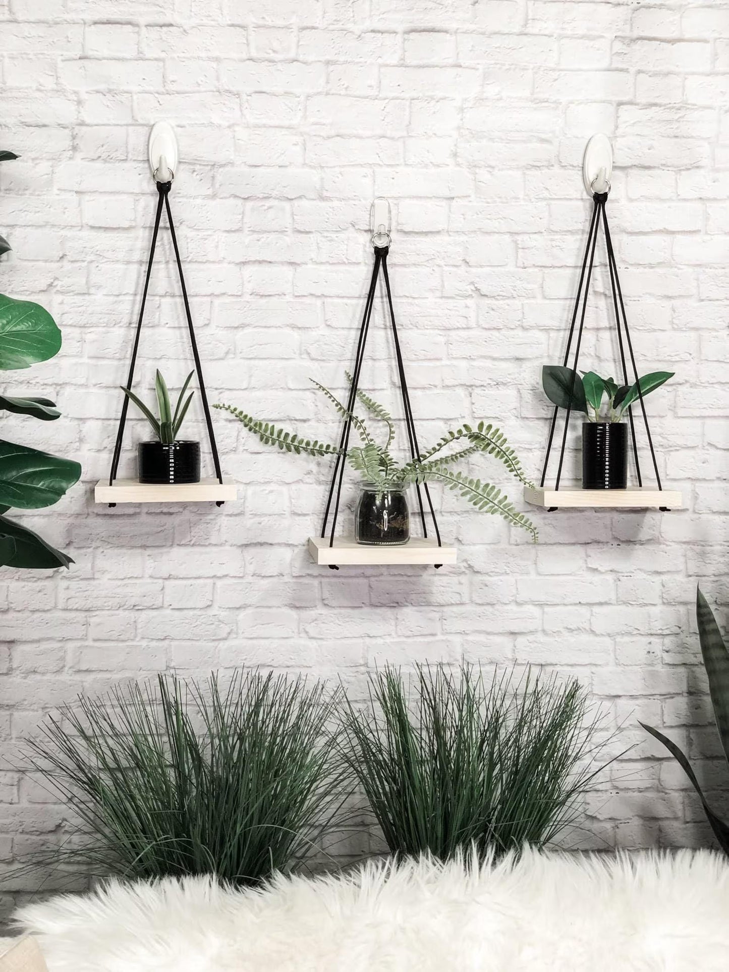 Whitewashed Wood Hanging Shelves Set of 3: Rustic Farmhouse Wall Decor & Plant Decor