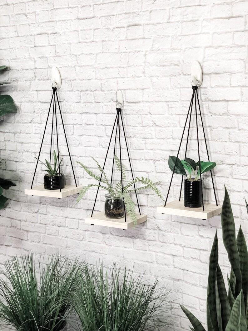 Whitewashed Wood Hanging Shelves Set of 3: Rustic Farmhouse Wall Decor & Plant Decor
