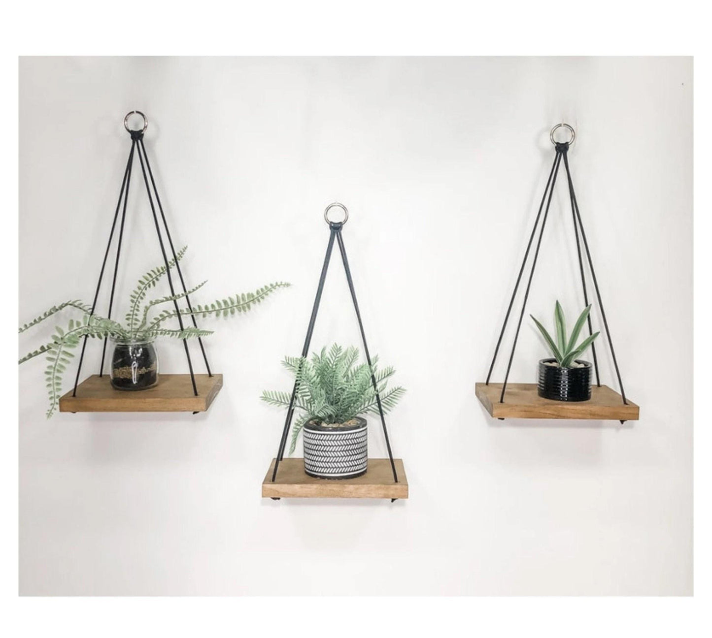 Boho Wood Hanging Shelves Set of 3: Handmade Plant Display, Small Space Decor