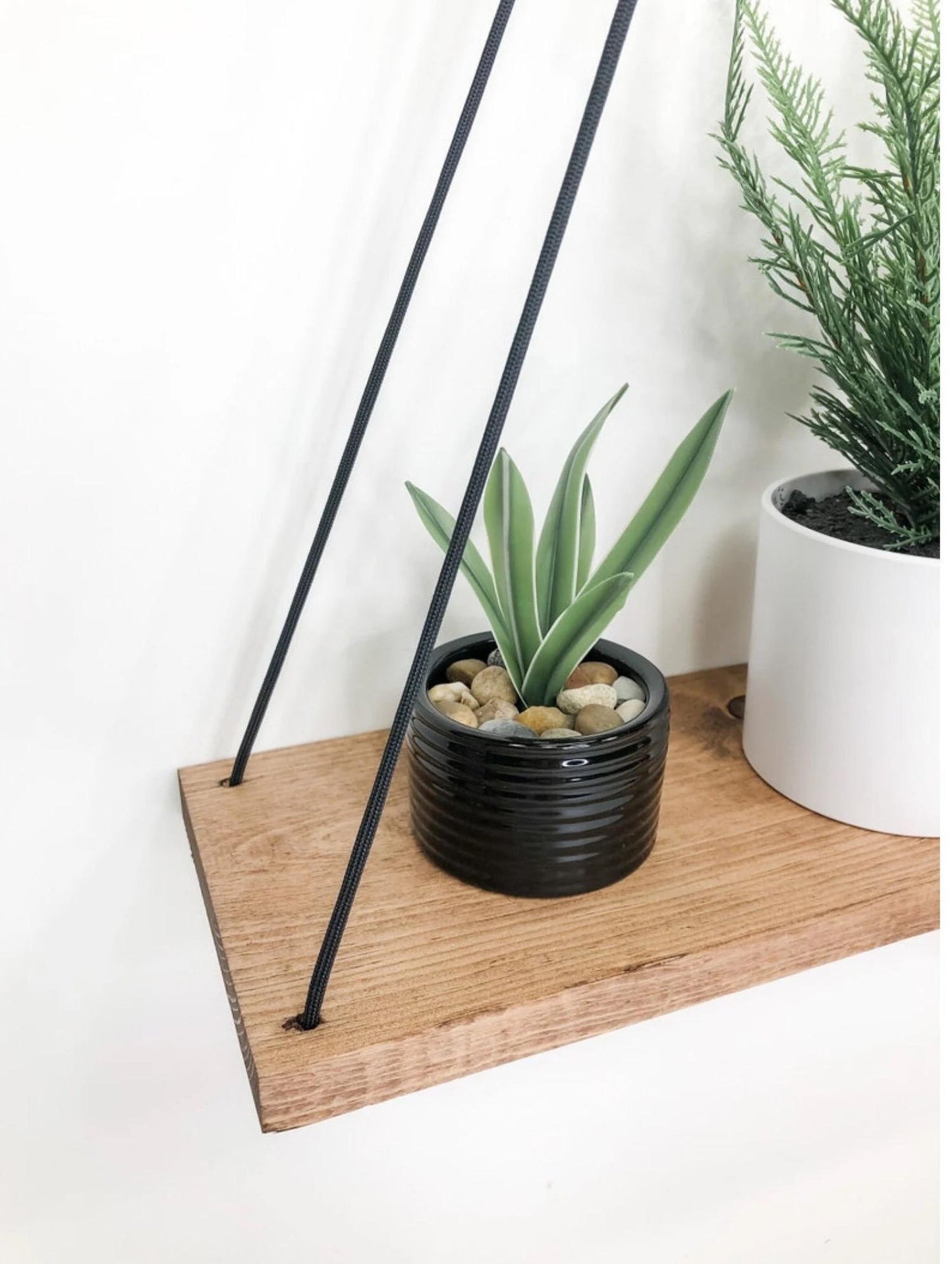 Hanging Shelf Red Oak: Rustic Wall Shelf With Black Rope, Unique Farmhouse Decor
